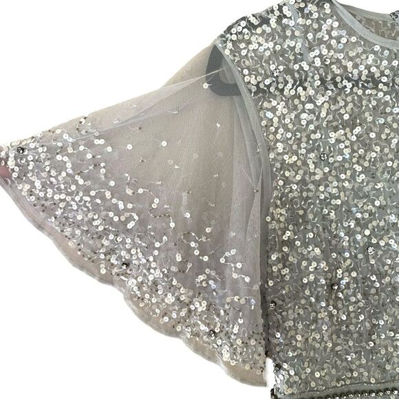 Mac Duggal #93655 Cape Sleeve Beaded Tea Length Dress blue Sz 4 NWT $598 - Picture 6 of 16